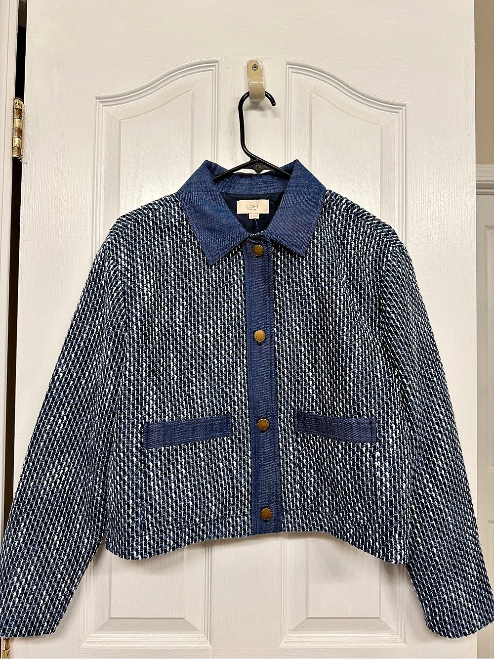 LOFT Petite Denim Tweed Jacket in Blue & White Small